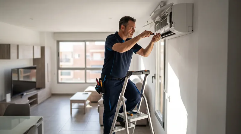 Técnico instalando un aire acondicionado split en una vivienda