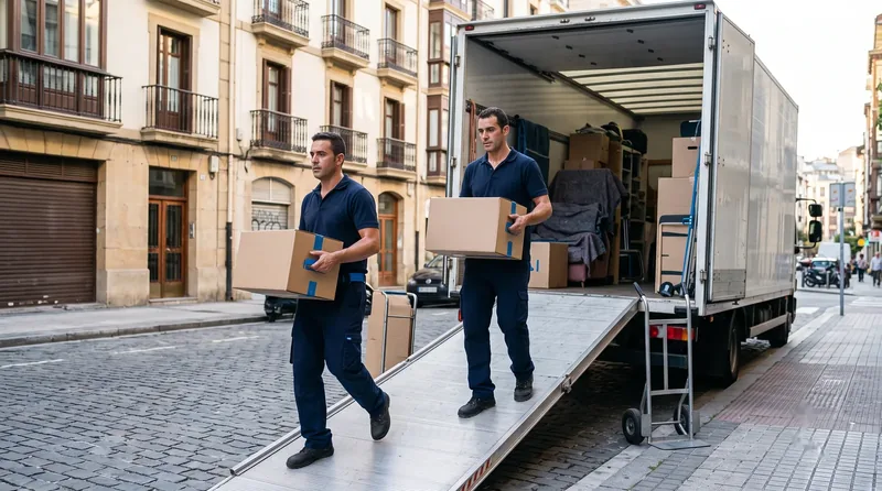 Equipo de mudanzas cargando cajas en el camión